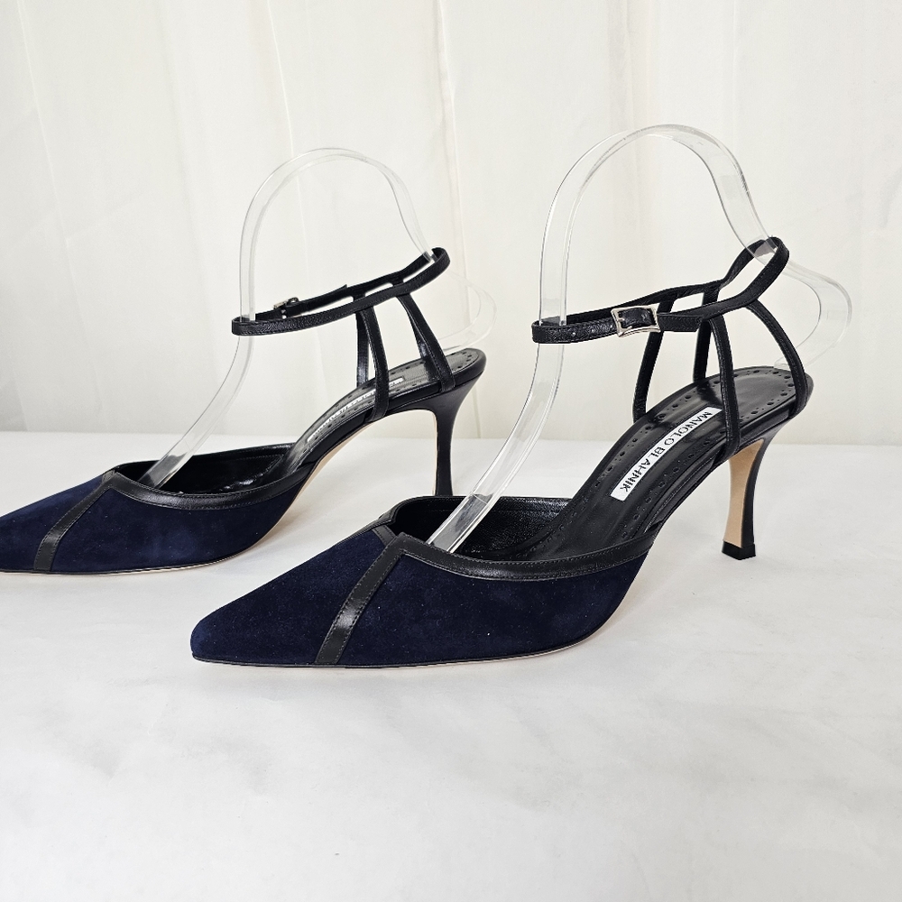 Manolo Blahnik Gabona Navy Blue Suede Black Leather Ankle Strap Heels Size 39